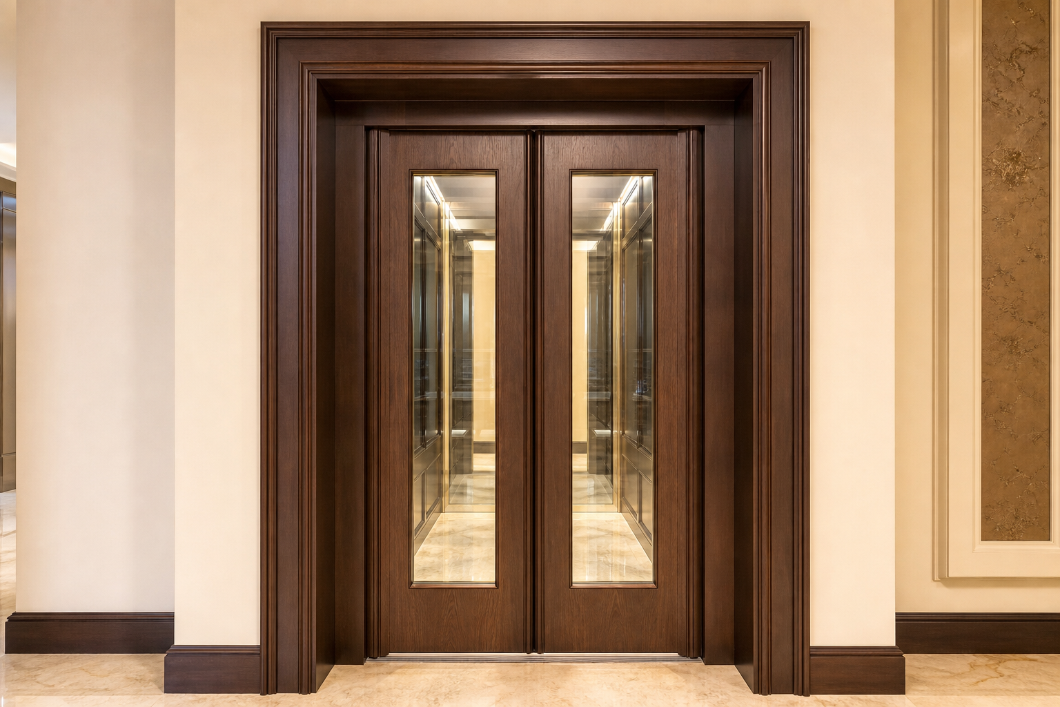 Automatic elevator doors — dark wood frame with glass panels
