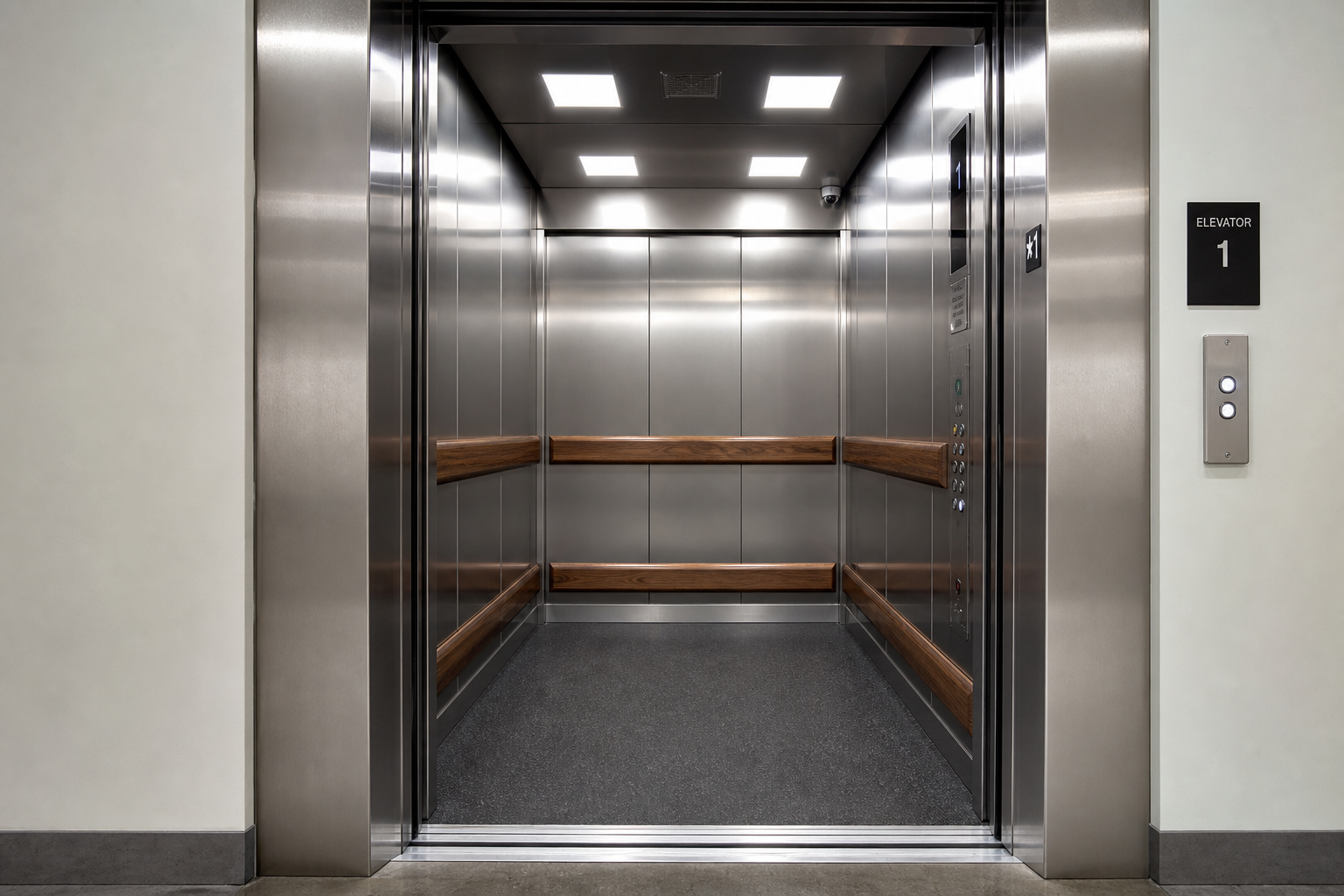 Commercial elevator interior — stainless steel cabin with open doors
