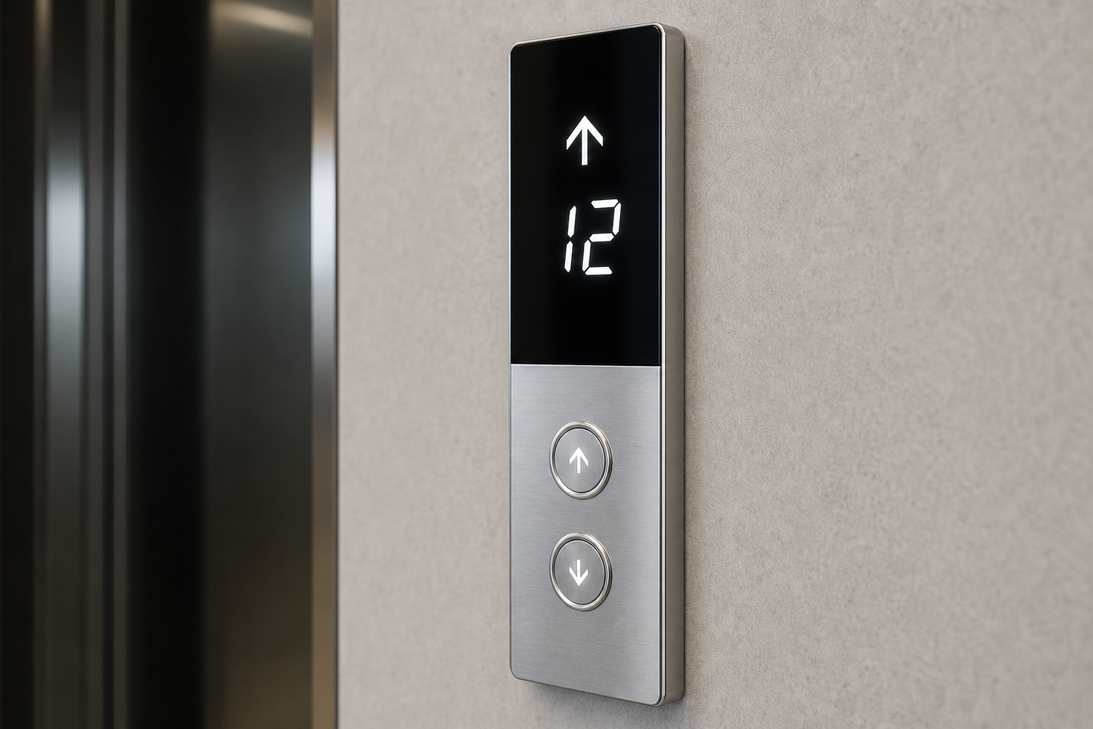 Modern elevator control panel with digital display and call buttons