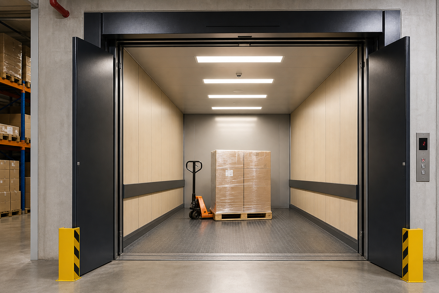 Goods freight elevator — warehouse lift with open doors and pallet load