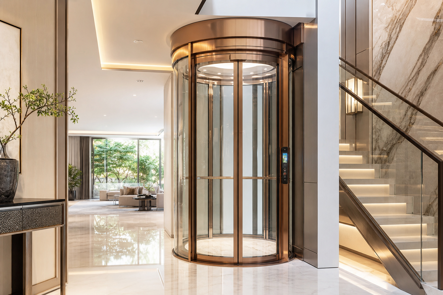 Rose gold capsule home elevator with full glass door in luxury villa