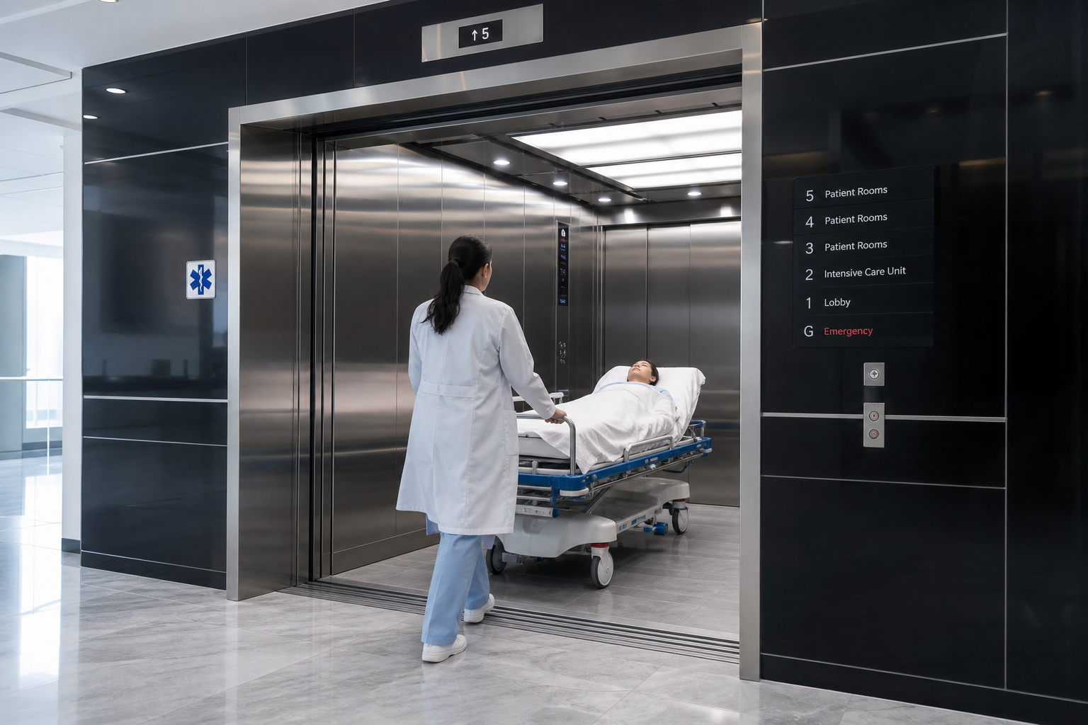Hospital elevator — nurse pushing stretcher into wide stainless steel lift