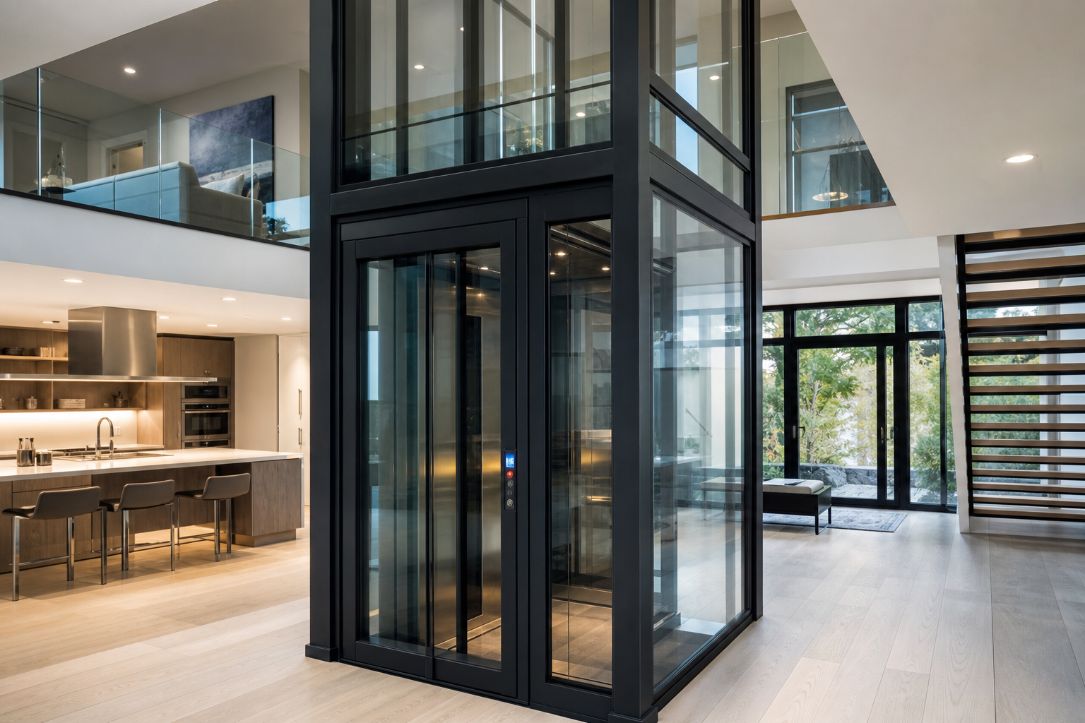 Hydraulic glass elevator — freestanding shaft with glass doors in modern home