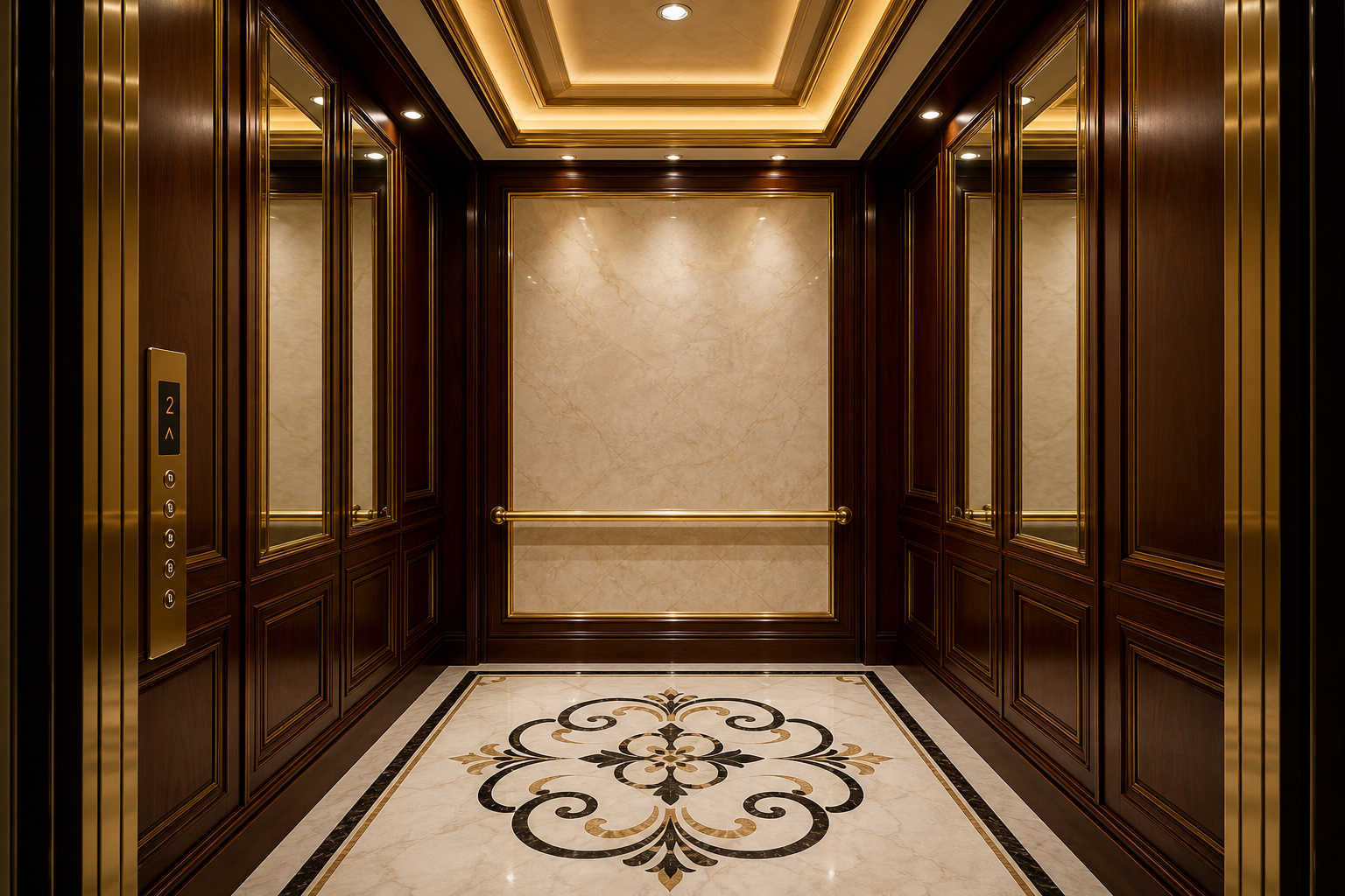 Luxury passenger elevator cabin — wood panels, marble floor, gold accents