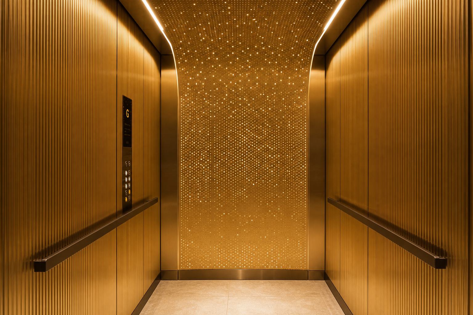 SS gold elevator cabin — fluted gold panels with perforated starlight ceiling